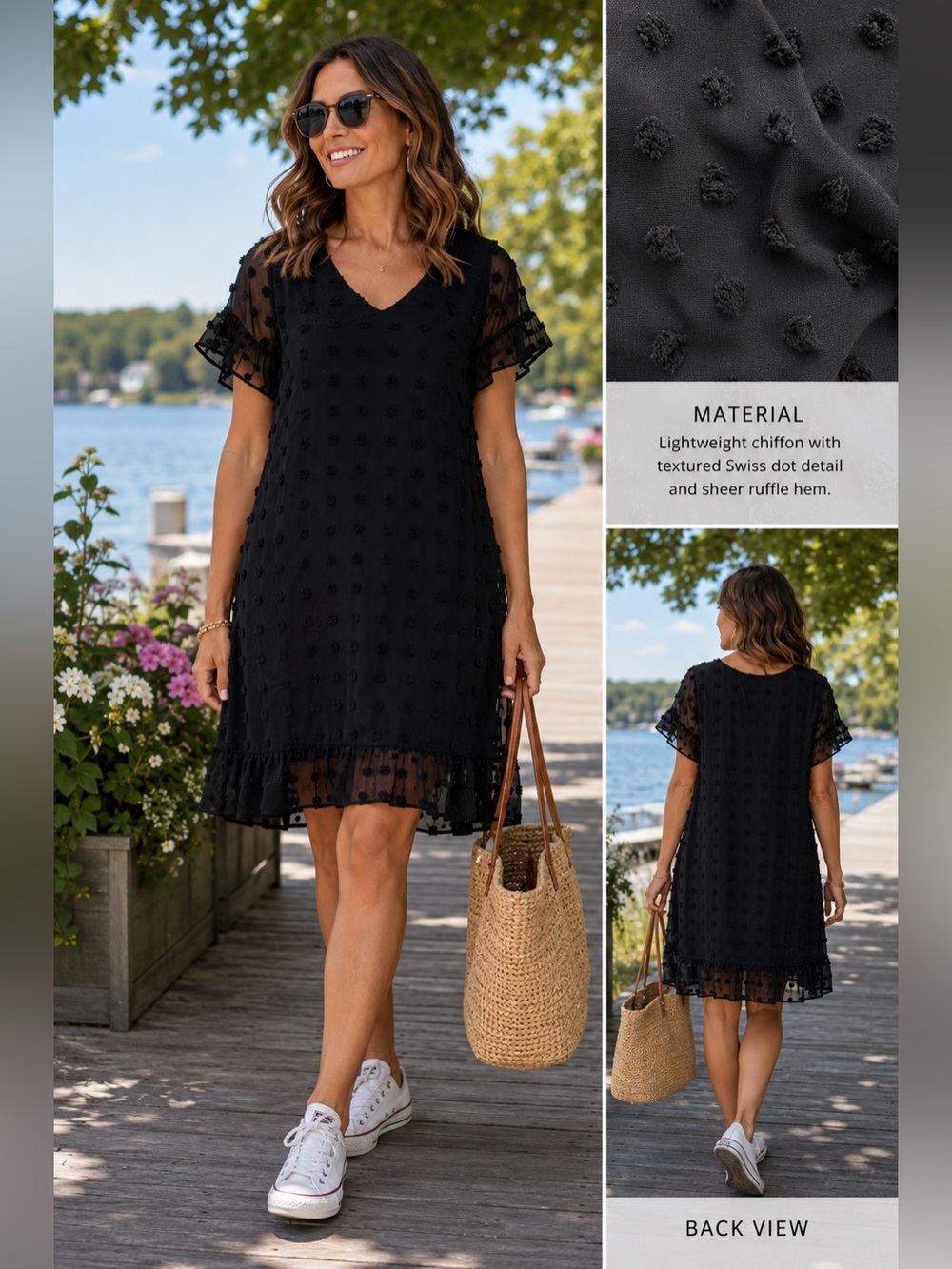 Black Swiss Dot Chiffon Dress XL | Flutter Sleeve Sheer Overlay Boho Chic